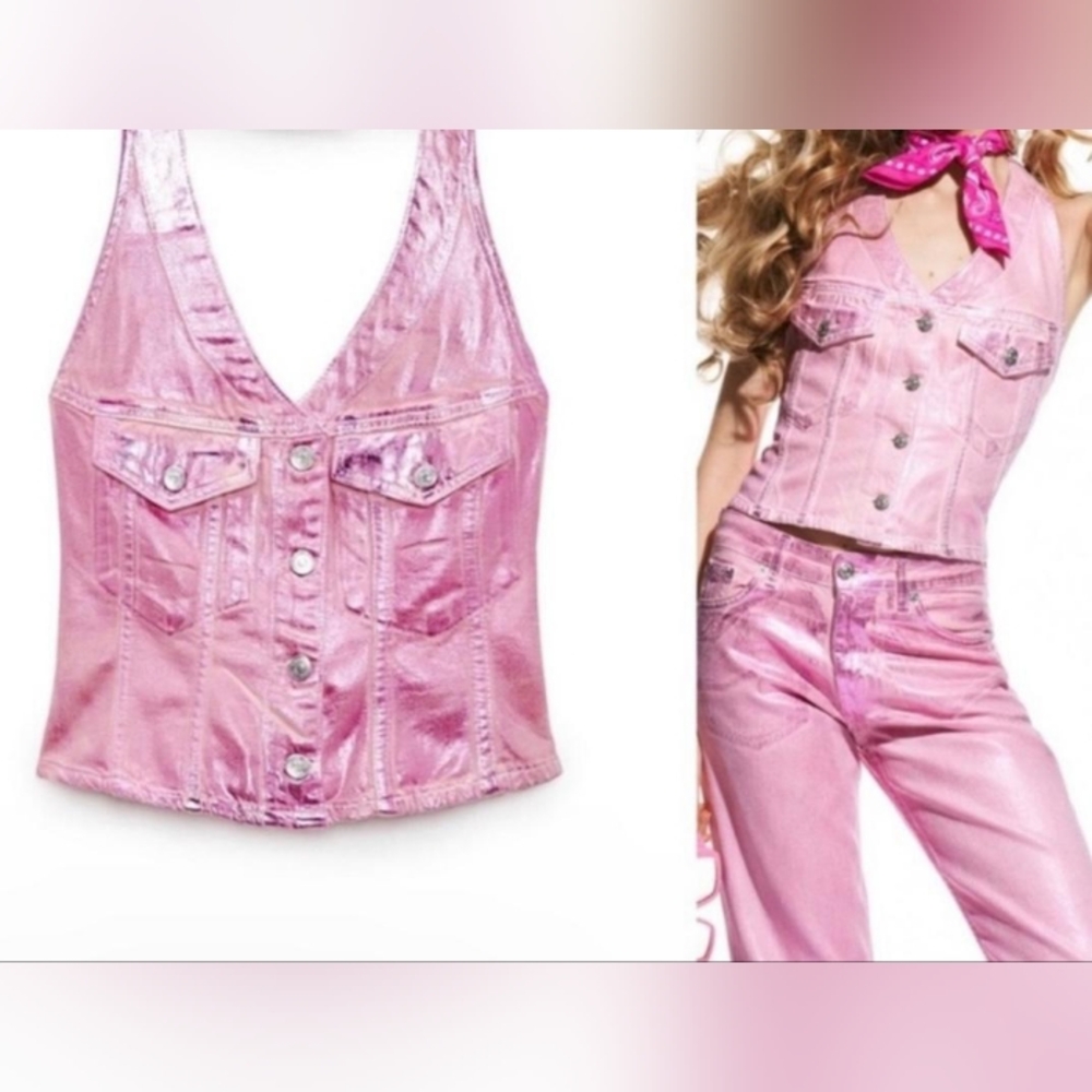 ZARA Barbie Collection Metalic Pink Denim Vest Top L,Collection 80' Party Barbie